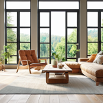 ** "Bright, modern living room with eco-friendly furniture and large windows, showcasing sustainable design principles."

**