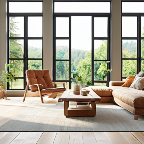 Home 11 ** "Bright, modern living room with eco-friendly furniture and large windows, showcasing sustainable design principles."
**