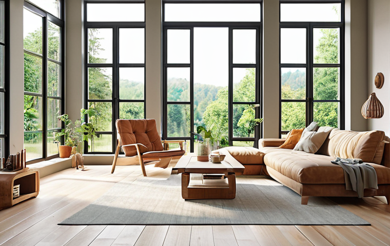 ** "Bright, modern living room with eco-friendly furniture and large windows, showcasing sustainable design principles."

**