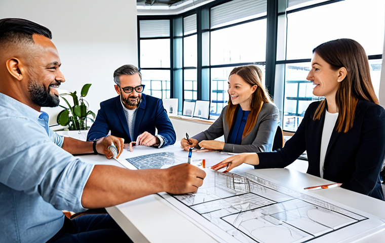 A diverse group of professional interior designers and architects collaborating in a bright, modern design studio with large windows. They are fully clothed in modest, professional business attire, gathered around a table filled with design sketches, material samples, and smart screens displaying architectural plans. They are actively discussing sustainable materials and smart home technology, gesturing naturally. Professional photography, high-resolution, sharp focus, natural lighting, perfect anatomy, correct proportions, natural pose, well-formed hands, proper finger count, natural body proportions, safe for work, appropriate content, appropriate attire, professional, family-friendly.