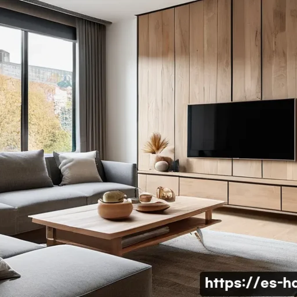 홈디자인 업무 사례 분석 - A modern, sustainable living room interior with natural wood and stone textures combined with sleek,...