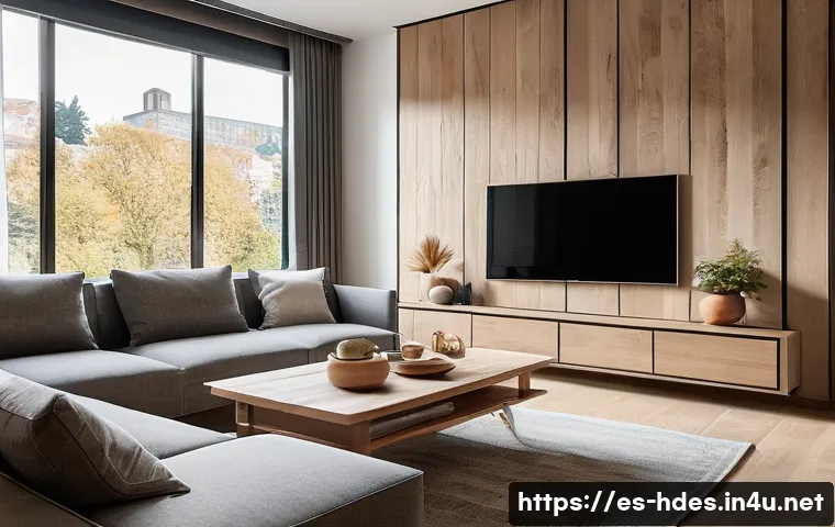 홈디자인 업무 사례 분석 - A modern, sustainable living room interior with natural wood and stone textures combined with sleek,...