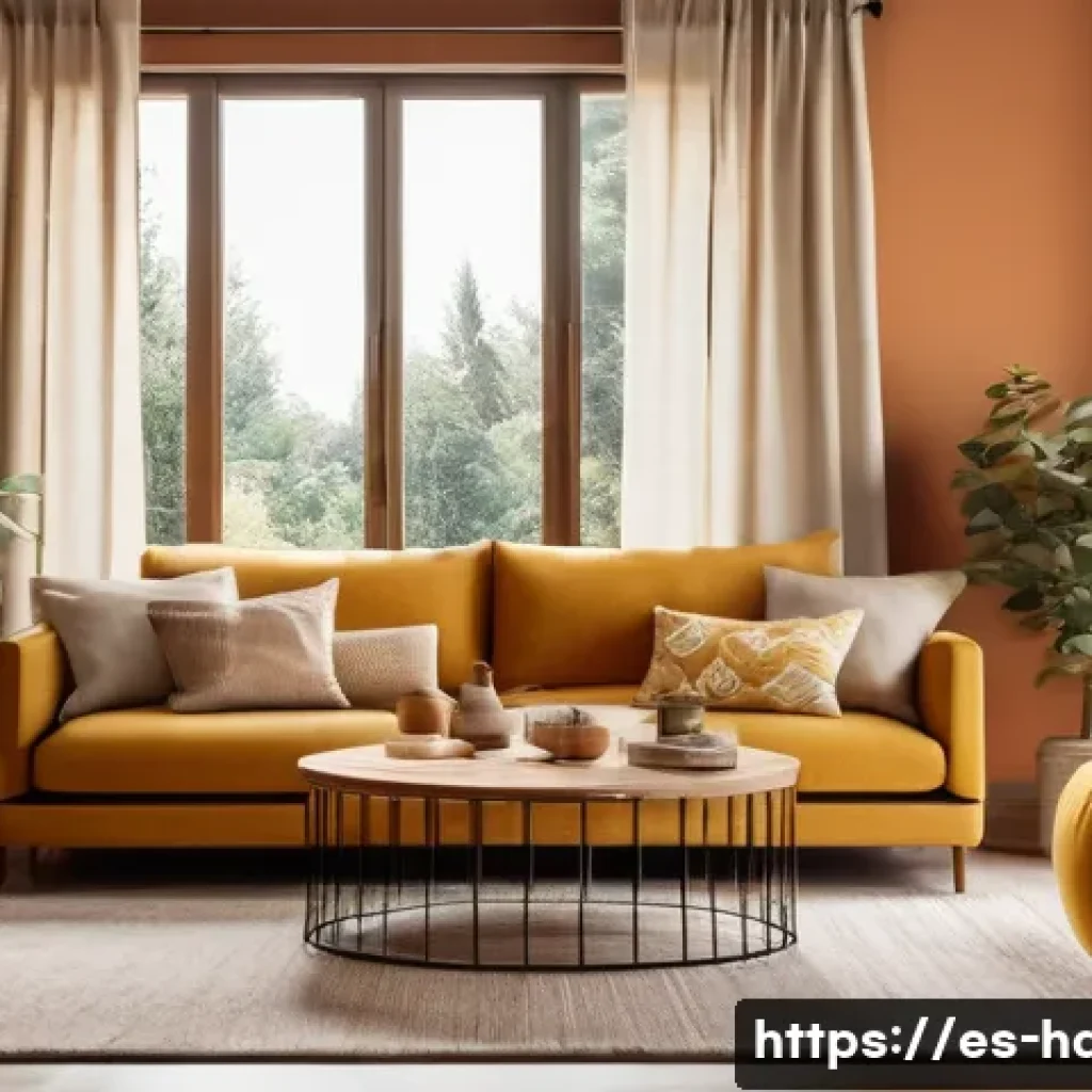 홈디자인 최신 색채 트렌드 - A cozy living room interior featuring warm terracotta walls and beige upholstery, accented with must...