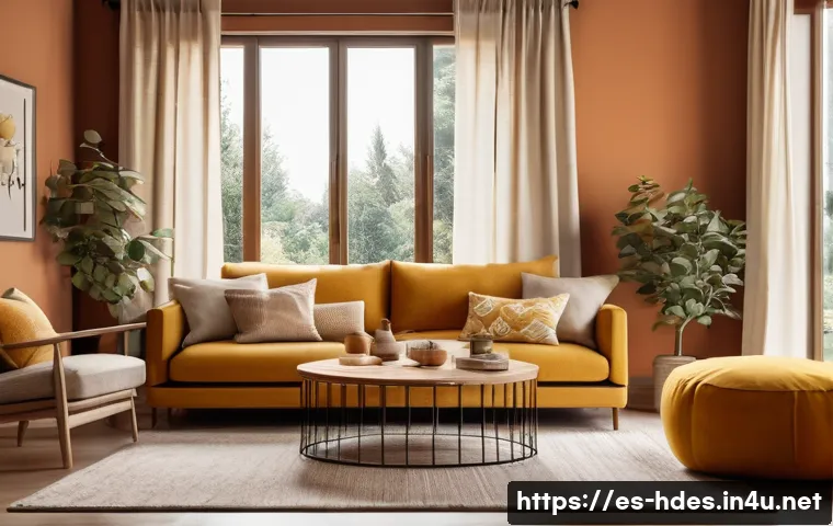 홈디자인 최신 색채 트렌드 - A cozy living room interior featuring warm terracotta walls and beige upholstery, accented with must...