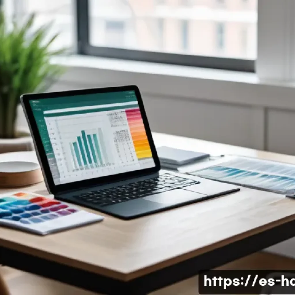 홈디자인 프로젝트 예산 관리 - A modern interior design workspace showing a professional designer planning a detailed budget on a d...