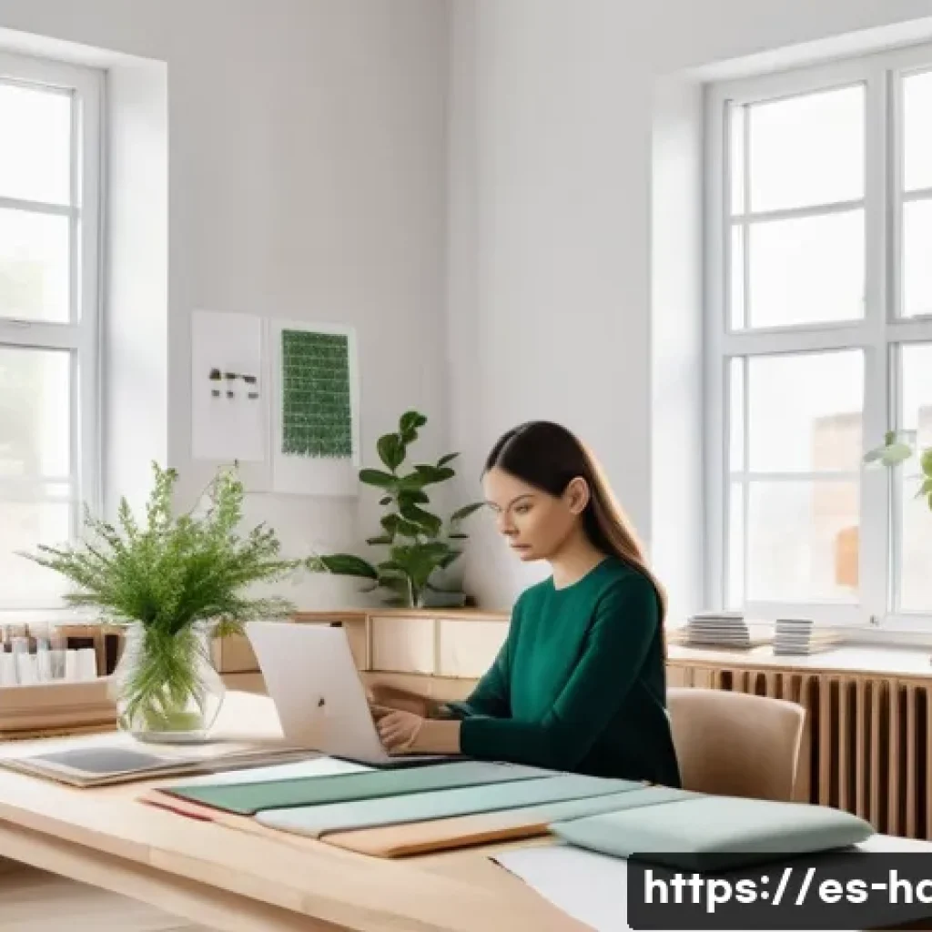 홈디자인 분야의 여성 전문가 성장 사례 - A modern interior design studio showcasing a young female designer at work, dressed in stylish profe...