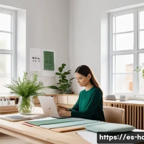 홈디자인 분야의 여성 전문가 성장 사례 - A modern interior design studio showcasing a young female designer at work, dressed in stylish profe...