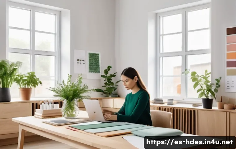 홈디자인 분야의 여성 전문가 성장 사례 - A modern interior design studio showcasing a young female designer at work, dressed in stylish profe...
