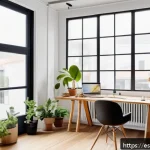홈디자인 분야 이직 성공 사례 - A bright and modern interior design studio workspace in a Spanish urban setting, featuring large win...