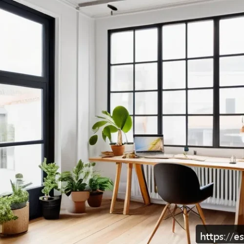 홈디자인 분야 이직 성공 사례 - A bright and modern interior design studio workspace in a Spanish urban setting, featuring large win...