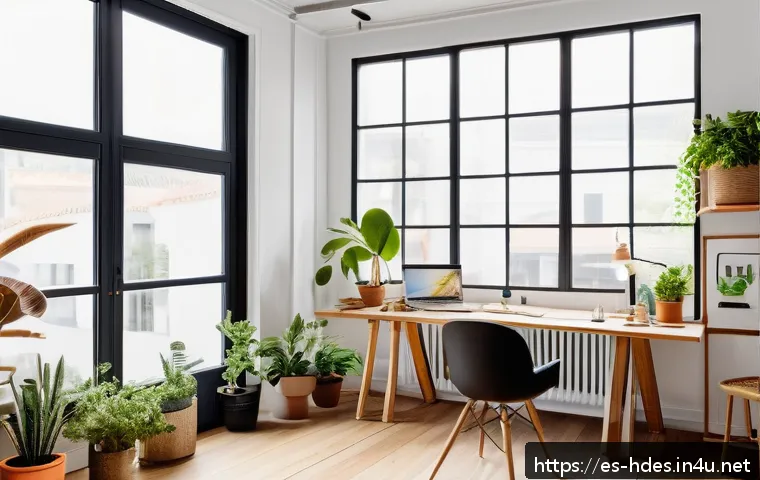 홈디자인 분야 이직 성공 사례 - A bright and modern interior design studio workspace in a Spanish urban setting, featuring large win...