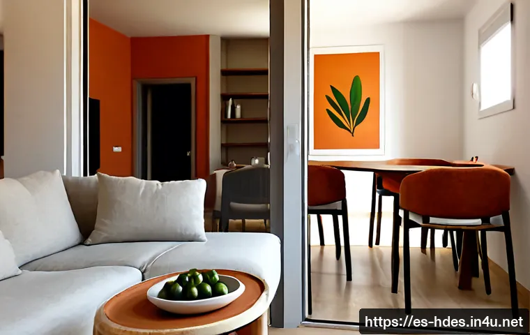 Home 17 홈디자인 공간별 맞춤 디자인 방법 - Photorealistic modern Spanish apartment interior shown as a clean split-view design concept: warm co...